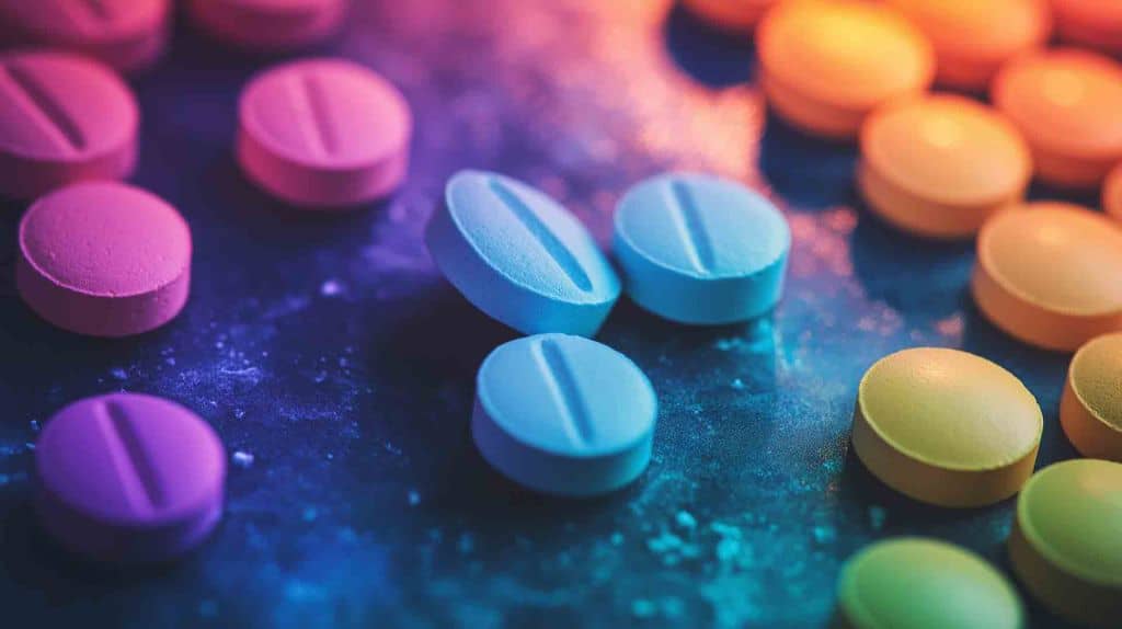 Colorful mdma pills lying on dark surface with colorful lighting Colorful mdma pills lying on dark surface with colorful lighting