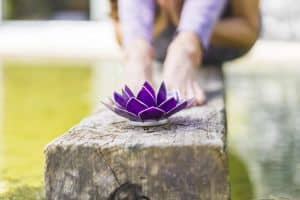 Aesthetic shot of a purple glass lotus on a tree trunk over the water. A praying woman is behind it.